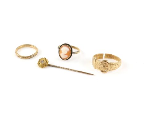 Collection of gold items, including, a Vintage buckle ring, size S, band is oval, a shell cameo ring, both in 9 ct gold, size