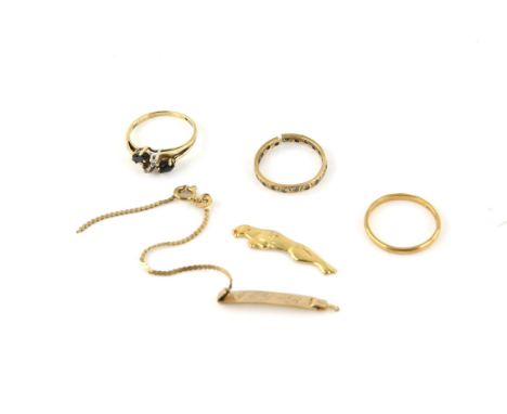 A mixed group of gold items, including a 1950's 22 ct yellow gold, wedding band, ring size N, a sapphire and diamond dress ri