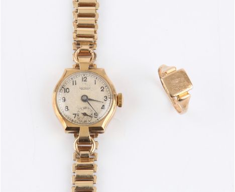 Rotary ladies gold cased watch, on a bracelet strap, case is 9 ct yellow gold, with a square signet ring, in 9 ct gold, size 