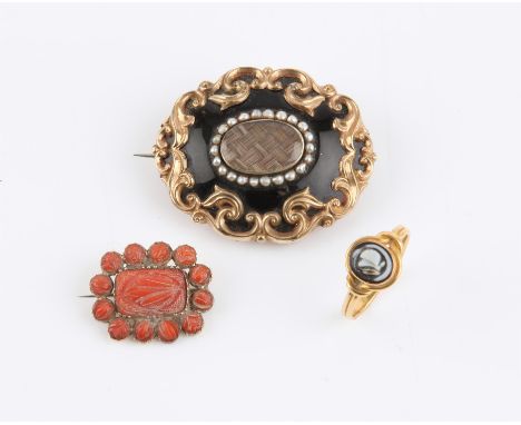 Mourning brooch, large mourning brooch with woven hair to the centre, in a surround of seed pearls, black enamel, and an orna