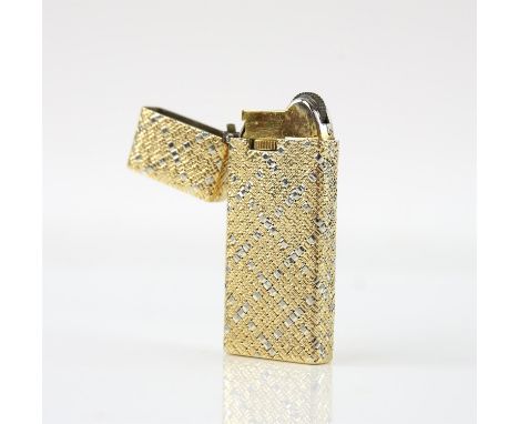 Vintage rectangular gold cased lighter, with a woven textured stripes design, in white and yellow gold, in a stamped 18 ct go