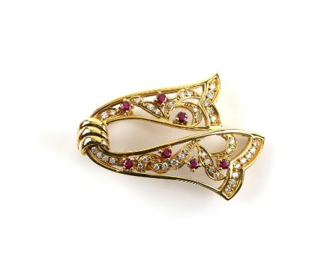 Mikimoto ruby and diamond pearl enhancer, openwork design in the style of a scarf, set with round cut rubies and round brilli