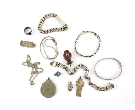Silver items, including, a bangle with screw head details, screw heads are 18 ct gold on a silver bangle, a heavy ID bracelet