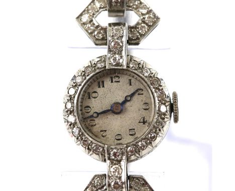 Art deco diamond cocktail watch, round dial with Arabic numerals and minute track, with a seventeen jewels Swiss Rado movemen