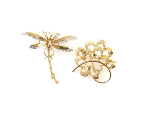 Two vintage brooches, including, a dragonfly brooch in yellow and white 9 ct gold, pin and secure hook clasp, length 4cm, and