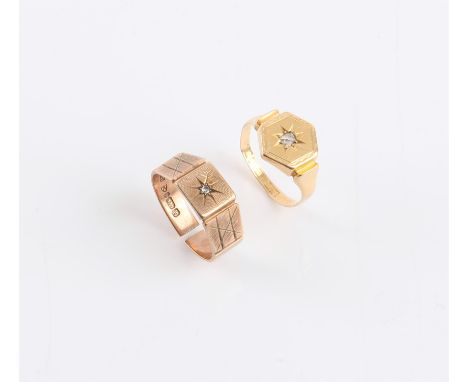 Two diamond set gypsy rings, one centrally set with an old cut diamond, mounted in a hexagonal mount, set in 18 ct yellow gol