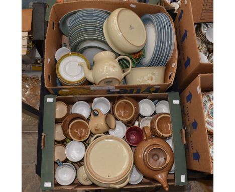 Two boxes of assorted Denby dinnerware to include pots, plates and cups