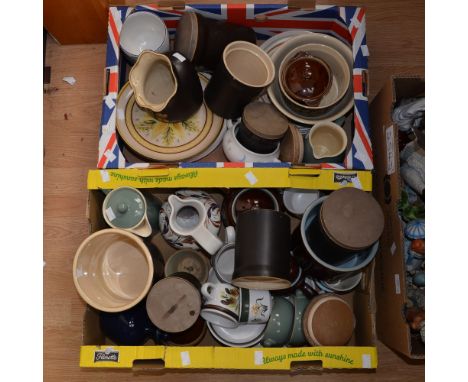 Two boxes of Denby ware, to include some 'Cottage Green' etc with teapots, plates etc (2)