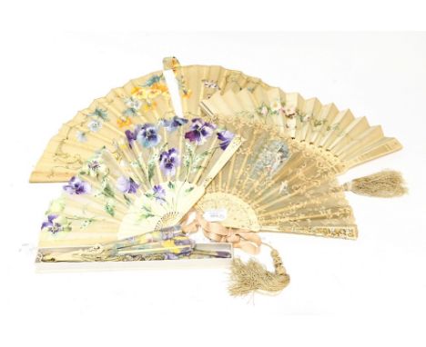 A collection of five 19th century fans with bone and ivory sticks and guards, one pierced, lace and handpainted scenes s/d