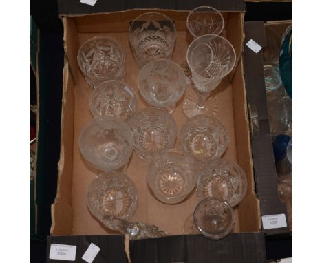 Waterford glass, six whiskey tumblers, pair of water glasses, a horse and jockey crystal model, two Victorian ale glasses etc