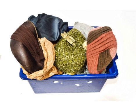 A collection of 1950s and 60s hats, fur tippet, fur ocelot collar , quantity of leather gloves and a white 1920 tablecloth wi