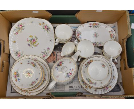 A Minton Marlow pattern teaset - six trios, milk, sugar, teapot, six bowls, six side plates, two serving dishes (one box) 