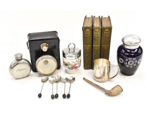 Five silver case bean spoons Birmingham 1926 plated cream jug Vintage, A.R.P torch enamelled glass jar and cover (dark blue) 