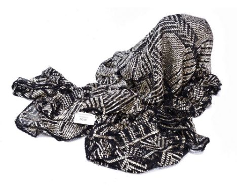 A silver and black metallic, very long Assuit shawl, early 1930, decorated with Egyptian Hieroglyphics, made in Egypt, Art De