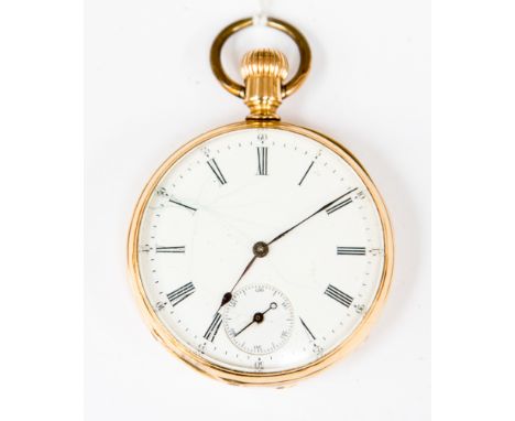 A gold Patek Philippe pocket watch No.41312, white enamel dial with black Roman numerals and subsidiary dial (both damaged) h