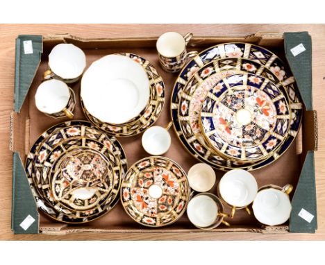 A box of Royal Crown Derby pattern 2451, part coffee and tea wares, including three dinner plates, sugar bowl, three pin dish