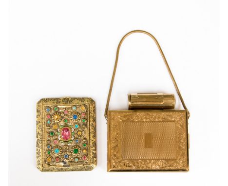 A Kigu combination  powder compact, with cigarette case and lipstick with carry chain, together with another compact with fau
