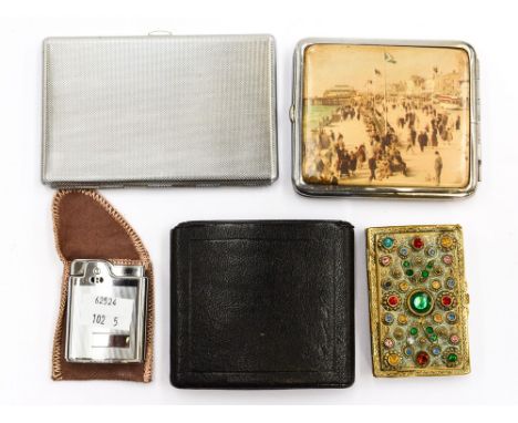 A gem set brass ornate box, along with a chrome cigarette case featuring Blackpool Tower and containing a pack of 'Park Drive
