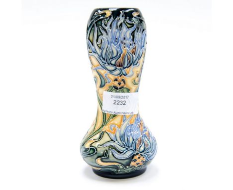 A boxed Moorcroft first quality limited edition vase, 229/650 thistle flower pattern signed by designer Rachel Bishop, to bas