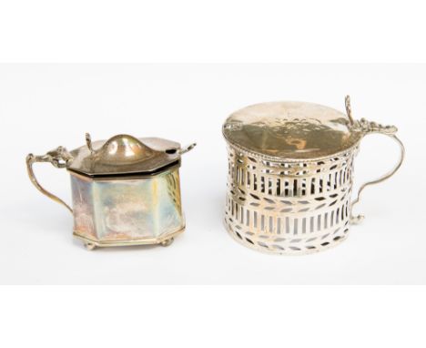 A mustard pot, marks rubbed white metal together with a Birmingham 1937 James Dixon and Sons mustard pot with line and spoon 