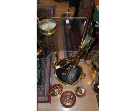 A copper kettle, chamber stick copper, brass smokers stand, copper warming pan, fire screen brass and wire mesh Victorian fir