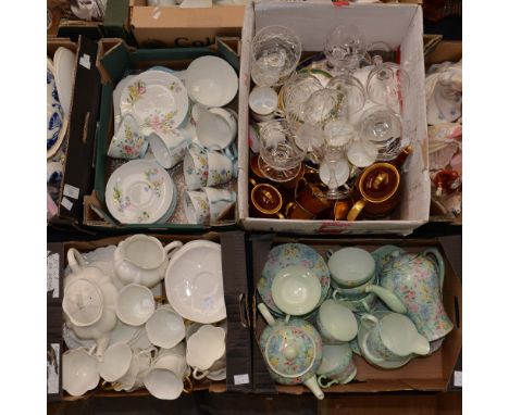 Four boxes of china and glass to include, three Shelley tea sets, Carltonware, Rouge Royale coffee set, Royal Worcester coffe