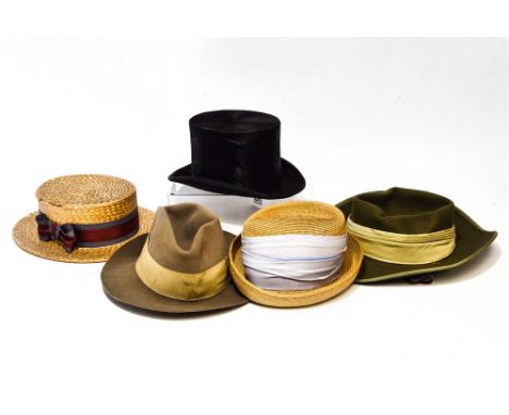 A collection of five hats including, a S. Patey of London, a Dunn and Co boater, an Australian felt hat (5) 