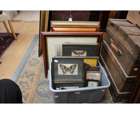 One box containing woven silk picture bookmarks, oil on board painting of a Cockerel by Jane Harvey, needlework in frame, fiv