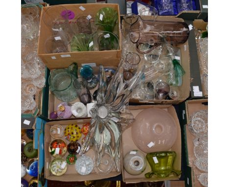 Antique celery vases and glassware, paperweights Mdina glass, Pyrex teapot, lustre/iridescent glass vases etc (5 x small boxe