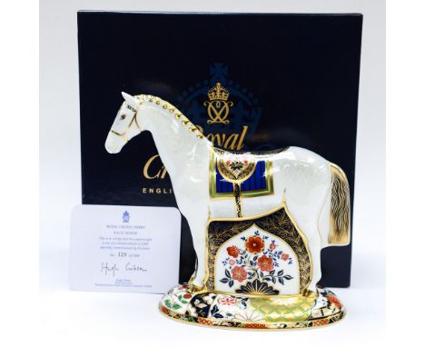 A boxed limited edition Royal Crown Derby 'Race Horse', No. 129/1500, with certificate, first quality, gold stopper 