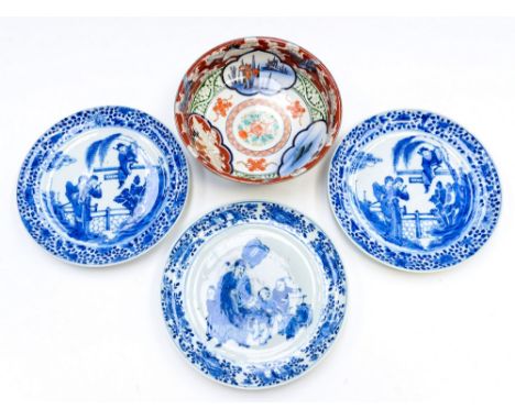 A Japanese hand painted footed bowl, decorated in the Imari pattern; together with three Chinese blue and white plates, hand 