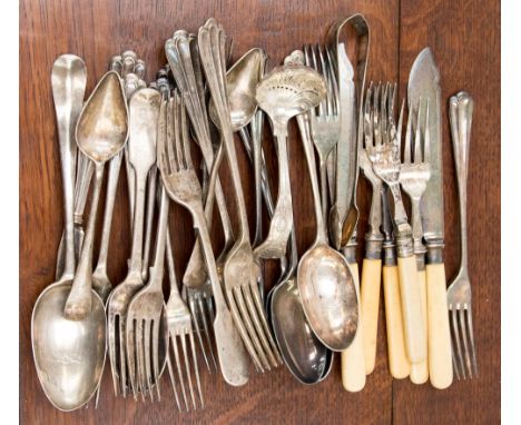 A group of Elkington Plate spoons, forks and knives, three silver forks and an 18th Century table spoon, combined silver weig