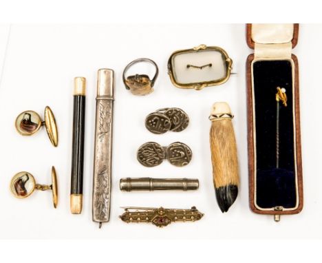 A stick/cravat pin 9ct gold set with pearl in original case Ivory and dear foot toggle, silver case propelling pencil, gilt m