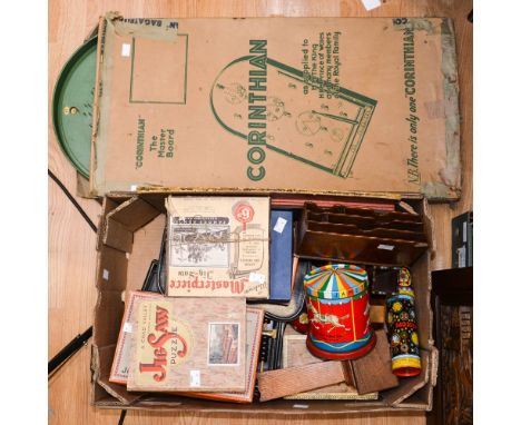 One box of assorted curios to include, letter rack, dressing table tray, boxed draughts, bagatelle board, vintage games and j