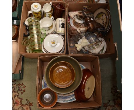 Three boxes of ceramics and glass to include Meakin part dinner service and Wade and Commemorative plates plus a quantity of 