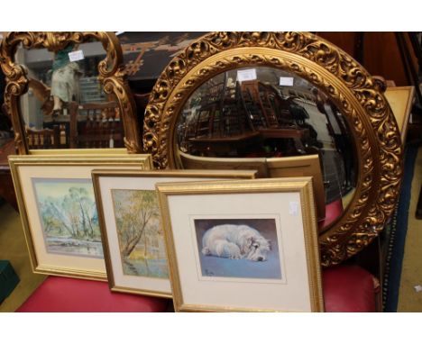 Two gilt mirrors, Japanese lacquered tray, two watercolours and a print (6) 
