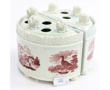 A pair of Pearlware Bough Pots  & CoversWith puce printed farm scenes.. Standing on three cushion feet , with a moulded top b