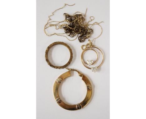 9ct gold chains, odd earring and ring, gross weight approx 5.8gms