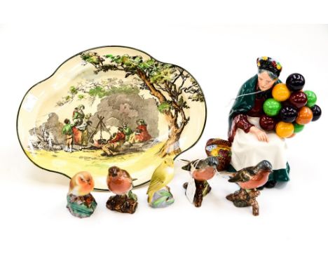 An early edition of  a Royal Doulton figure, 'The Old Balloon seller' HN 1315, a 1930s Royal Doulton plate 'The Gypsies', Eng