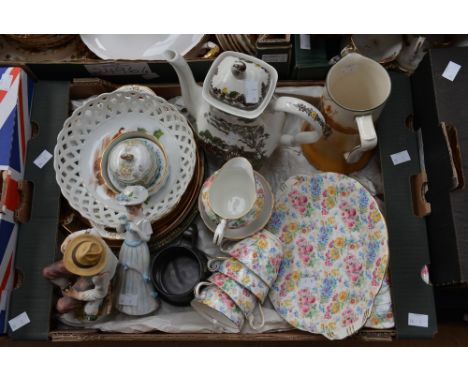 A collection of ceramic plates, pots, etc, figurines, including Ansy floral pattern cups, saucers, etc 
