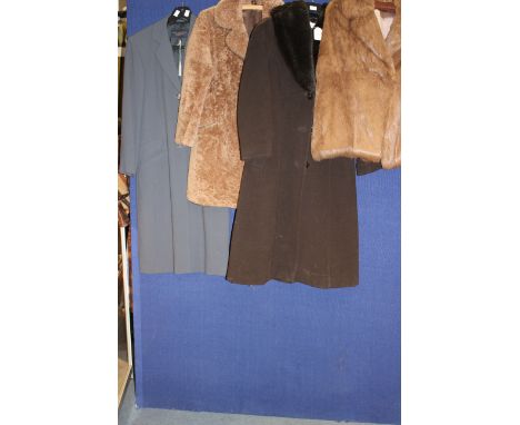 A short brown rabbit fur jacket (size S) together with  long steel grey Paul Costello coat (size 8) a reverse sheep skin jack