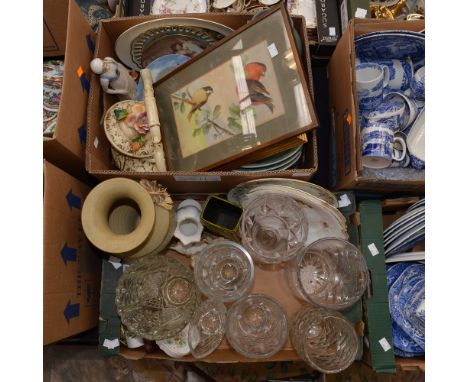 Two boxes of assorted glass vases, plates, ceramic figures etc