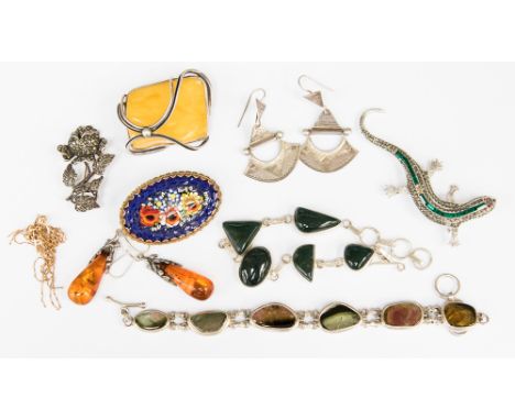 A pair of 9ct gold drop tassel earrings, a watermelon tourmaline and bi-coloured tourmaline bracelet, a moss agate bracelet, 