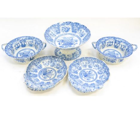 A 19th century Spode blue transfer part dessert service, floral basket pattern s/d (5)