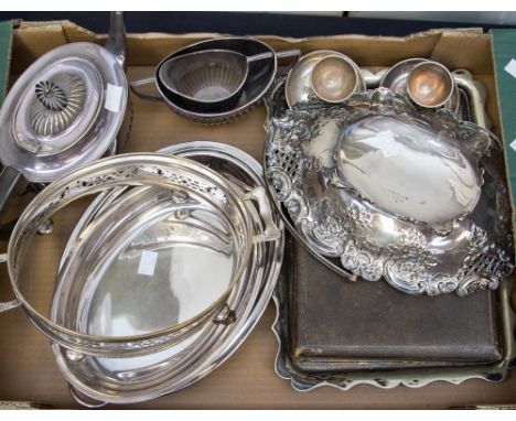 A Mappin and Webb three piece tea service together with a entree dishes potato crown salver and raised fruit basket and two e