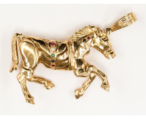 A large 9ct gold horse pendant, set with diamonds, ruby and pink sapphires, measuring approx 4cms, gross weight approx 38.7gm