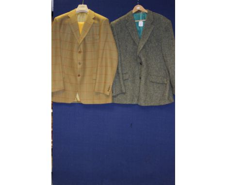 A man's sports coat in country check made by Magee, with gold satin lining (size 44 chest) toning mustard trousers co-ords Pe