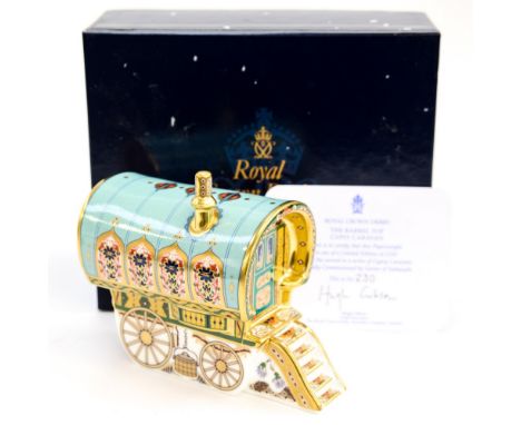 A boxed limited edition Royal Crown Derby 'Barrel Top Gypsy Caravan', No. 230/1250, gold stopper, first quality 