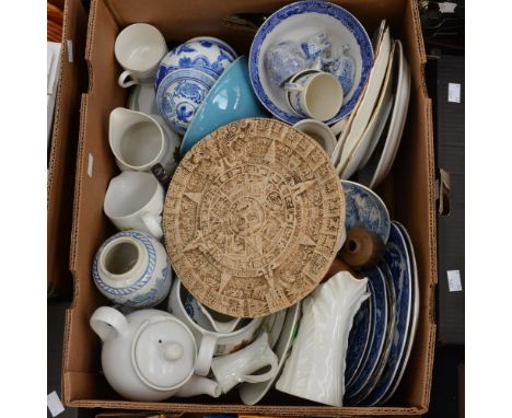 A box containing a collection of various ceramics, including blue and white, Art Deco plates, tureen, Oriental hand painted b