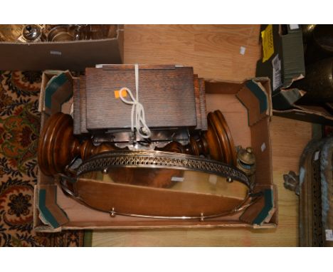 Two EPNS galleried twin handled trays, with further metalware, a mantle clock and a pair of candle sticks (one box) 